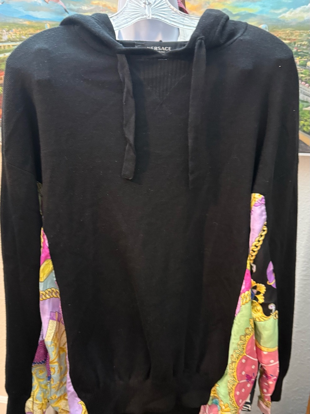 AUTHENTIC Versace Silk Scarf Paneled Fine Knit Drawstring Hoodie Black Sz 38